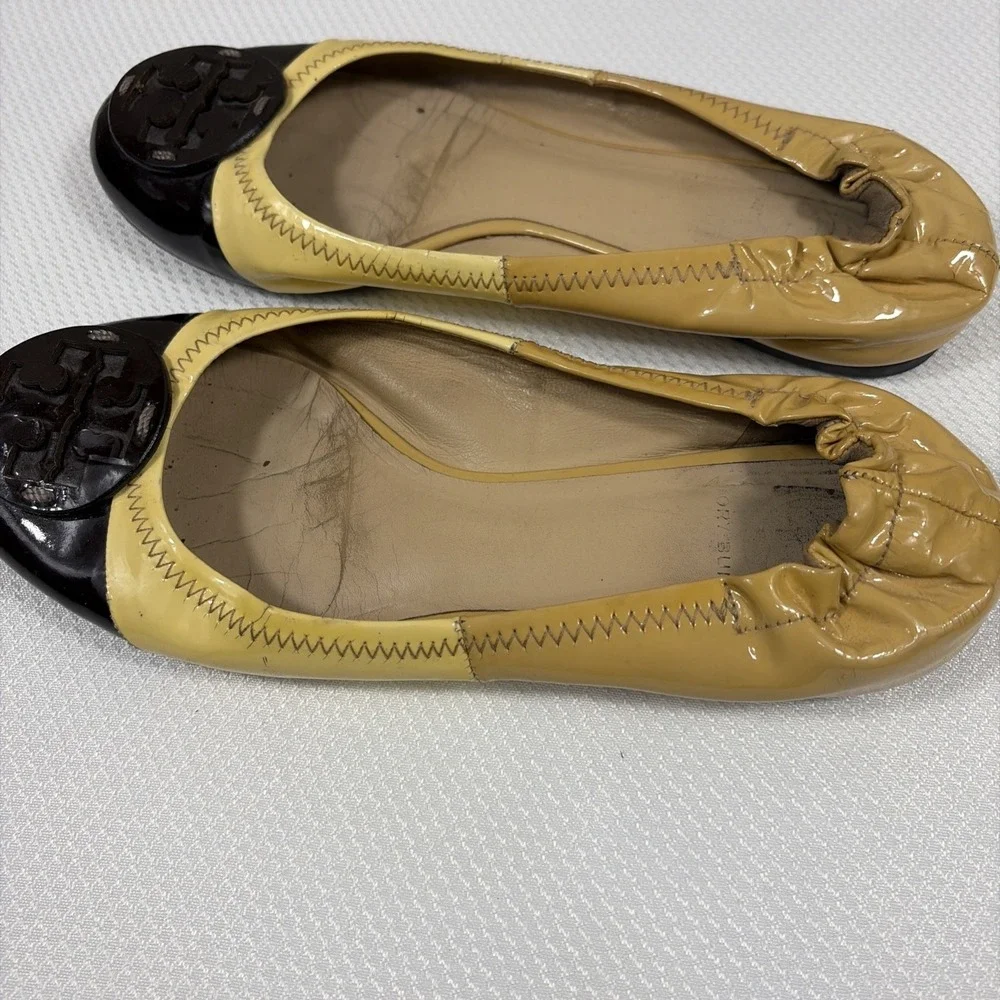 TORY BURCH Women's 7.5‎ - Beige & brown patent leather ballet flats shoes MINNIE